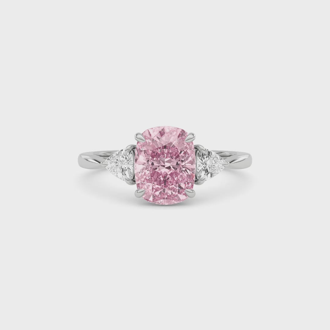 Platinum Three-Stone Fancy Pink Cushion Cut Diamond Ring with Trillion Side Stones