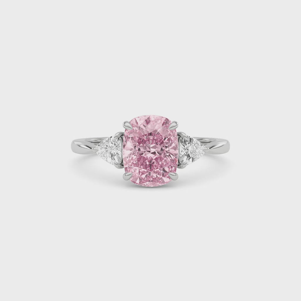 Platinum Three-Stone Fancy Pink Cushion Cut Diamond Ring with Trillion Side Stones