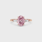 Rose gold Three-Stone Fancy Pink Oval Cut Diamond Ring with Tapered Baguette Side Stones