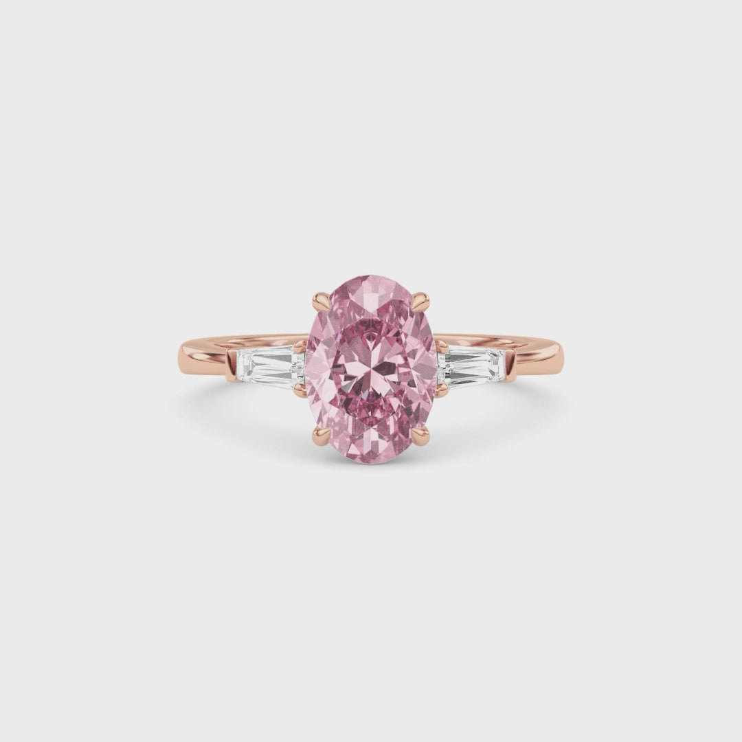 Rose gold Three-Stone Fancy Pink Oval Cut Diamond Ring with Tapered Baguette Side Stones