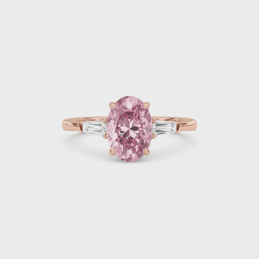 Rose gold Three-Stone Fancy Pink Oval Cut Diamond Ring with Tapered Baguette Side Stones
