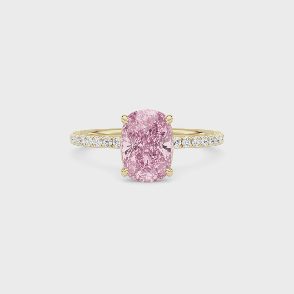 Yellow gold Fancy Pink Cushion Cut Diamond Solitaire with Pavé Band