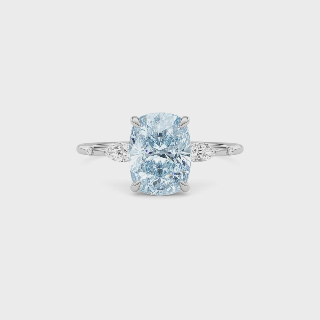 Platinum Fancy Blue Cushion Cut Diamond Marquise Side Stone Engagement Ring