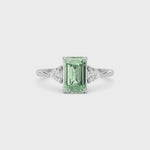 Platinum Three-Stone Fancy Green Emerald Cut Diamond Ring with Trillion Side Stones