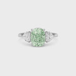White gold Three-Stone Fancy Green Cushion Cut Diamond Ring with Heart Side Stones