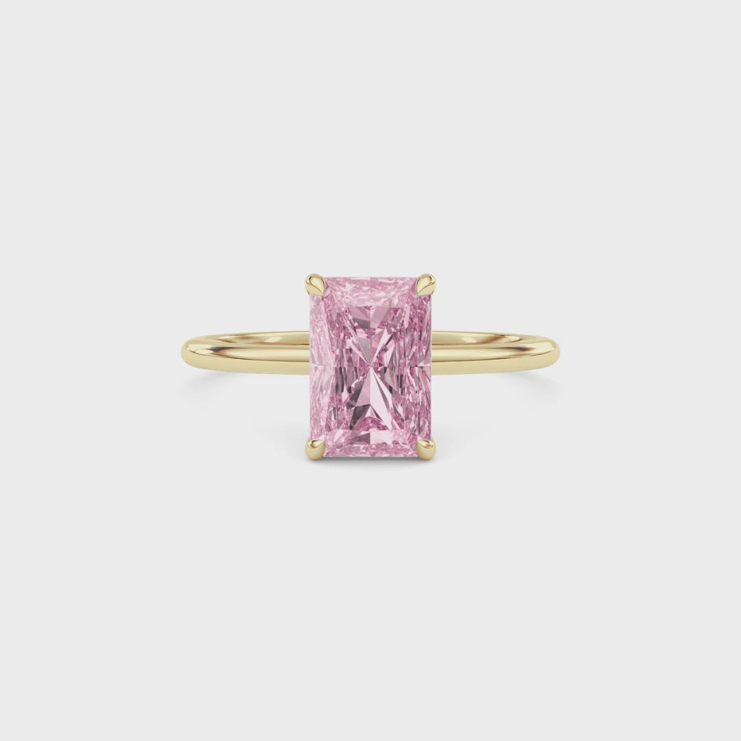 Yellow gold Fancy Pink Radiant Cut Diamond Hidden Halo Solitaire Engagement Ring with Prong Setting