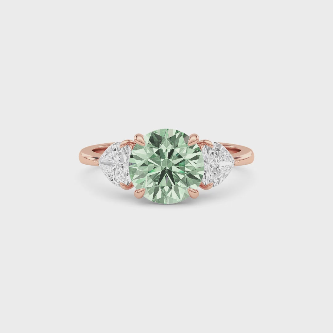 Rose gold Three-Stone Fancy Green Round Cut Diamond Ring with Heart Side Stones
