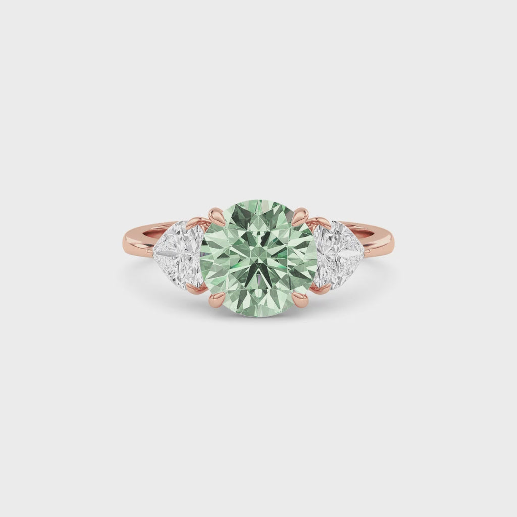 Rose gold Three-Stone Fancy Green Round Cut Diamond Ring with Heart Side Stones