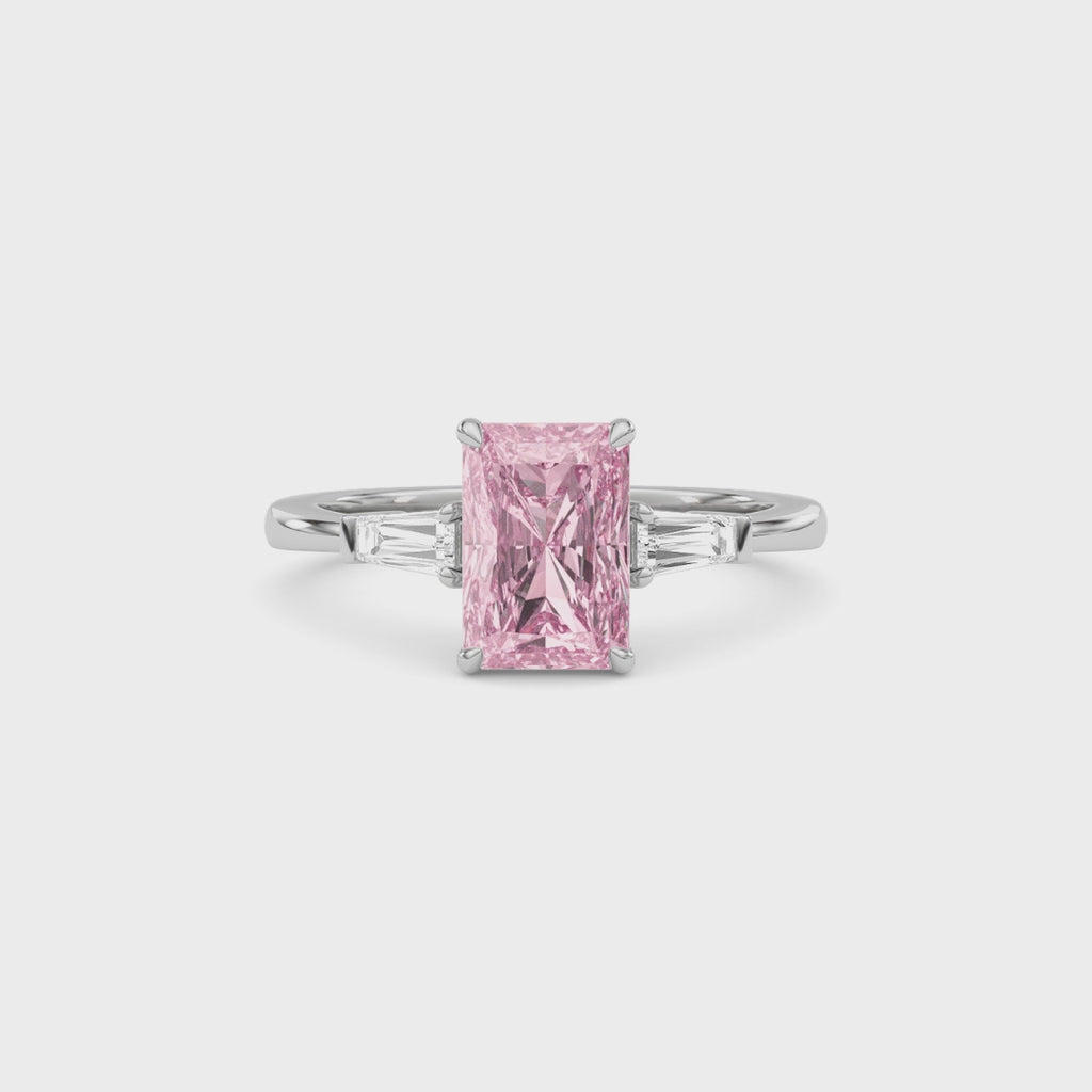 White gold Three-Stone Fancy Pink Radiant Cut Diamond Ring with Tapered Baguette Side Stones