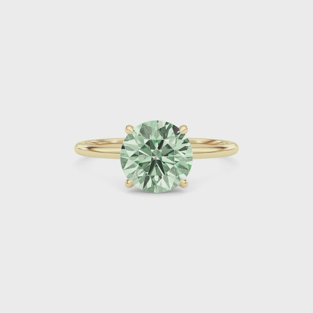 Yellow gold Fancy Green Round Cut Diamond Hidden Halo Solitaire Engagement Ring with Prong Setting