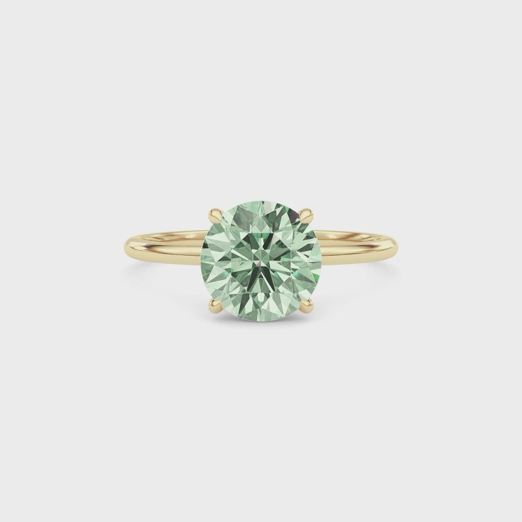 Yellow gold Fancy Green Round Cut Diamond Hidden Halo Solitaire Engagement Ring with Prong Setting