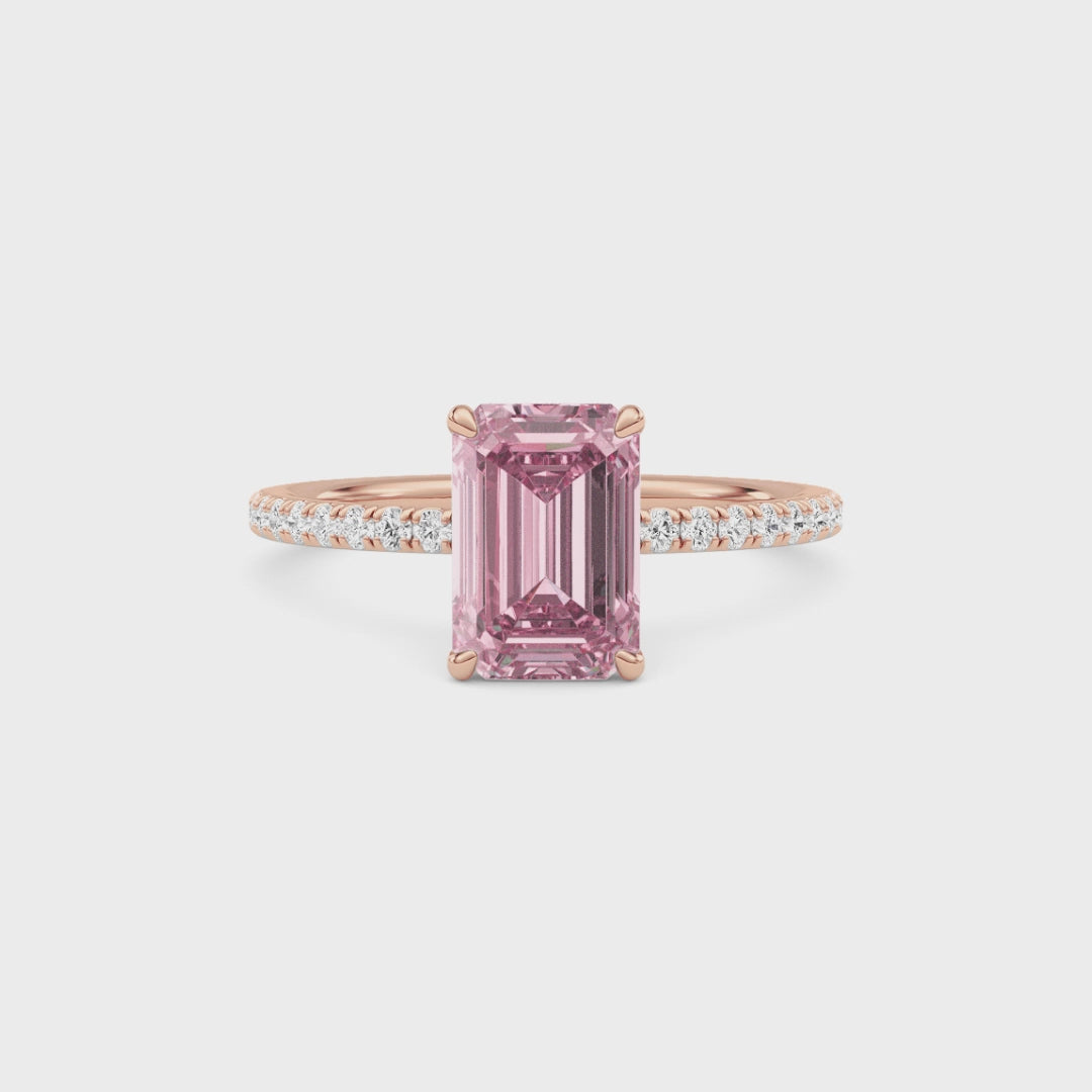 Rose gold Fancy Pink Emerald Cut Diamond Solitaire with Pavé Band