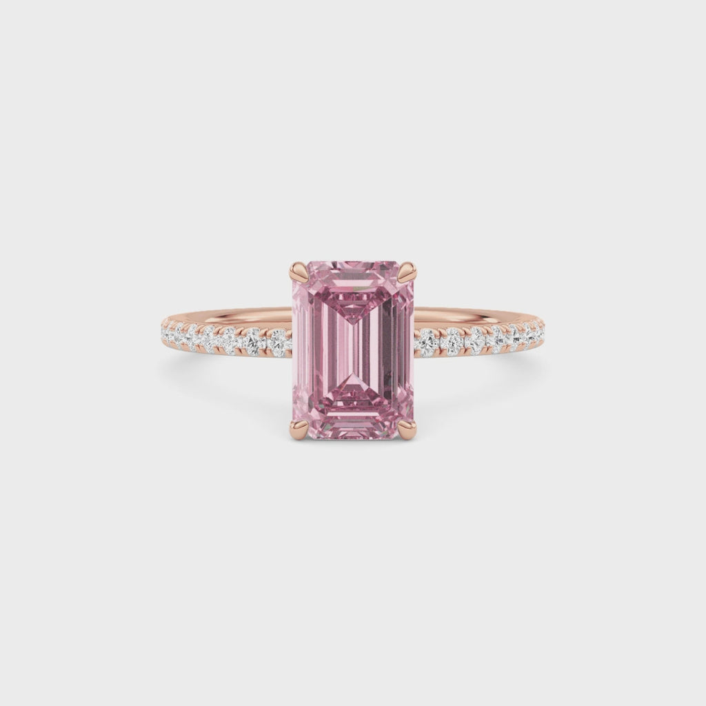 Rose gold Fancy Pink Emerald Cut Diamond Solitaire with Pavé Band