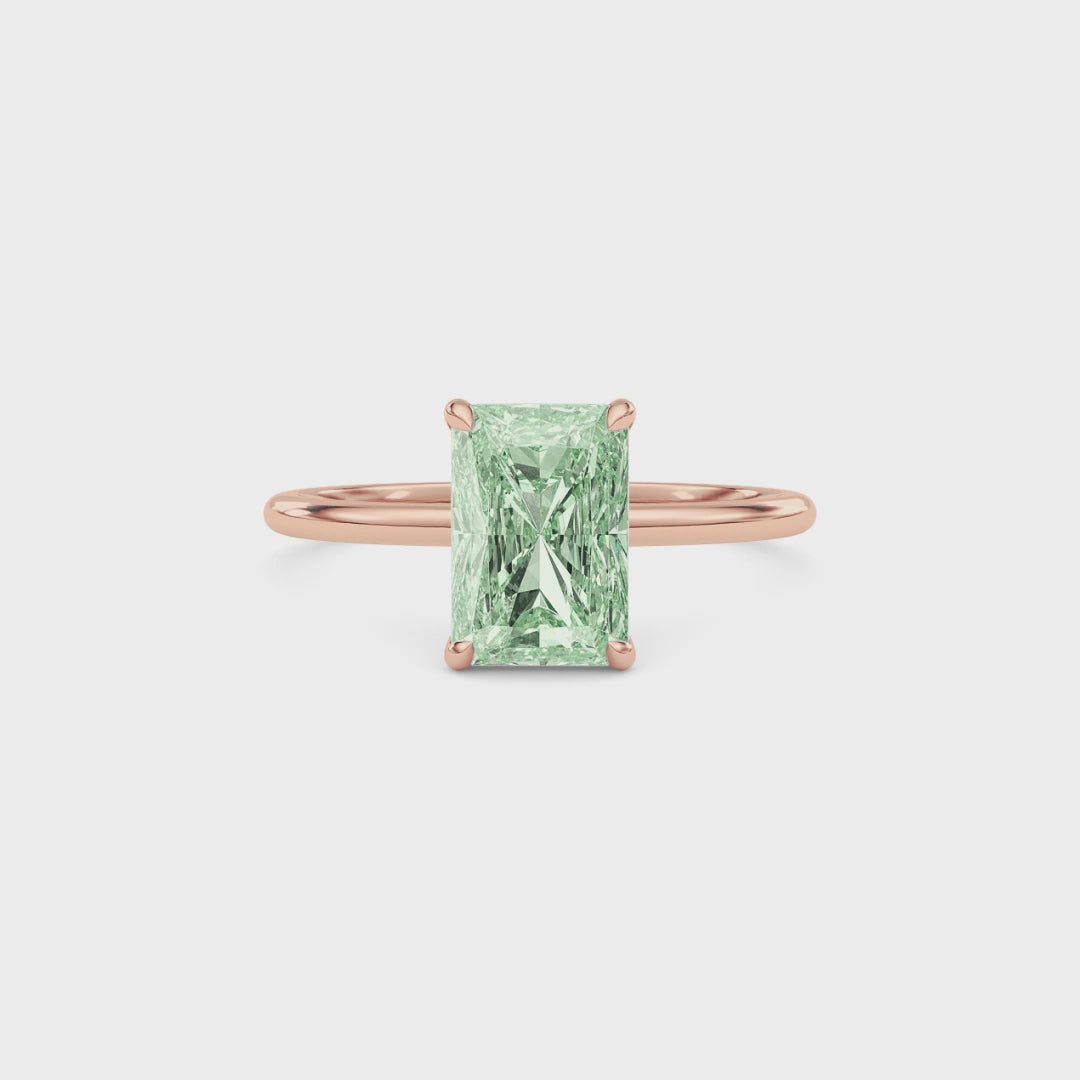 Rose gold Fancy Green Radiant Cut Diamond Hidden Halo Solitaire Engagement Ring with Prong Setting