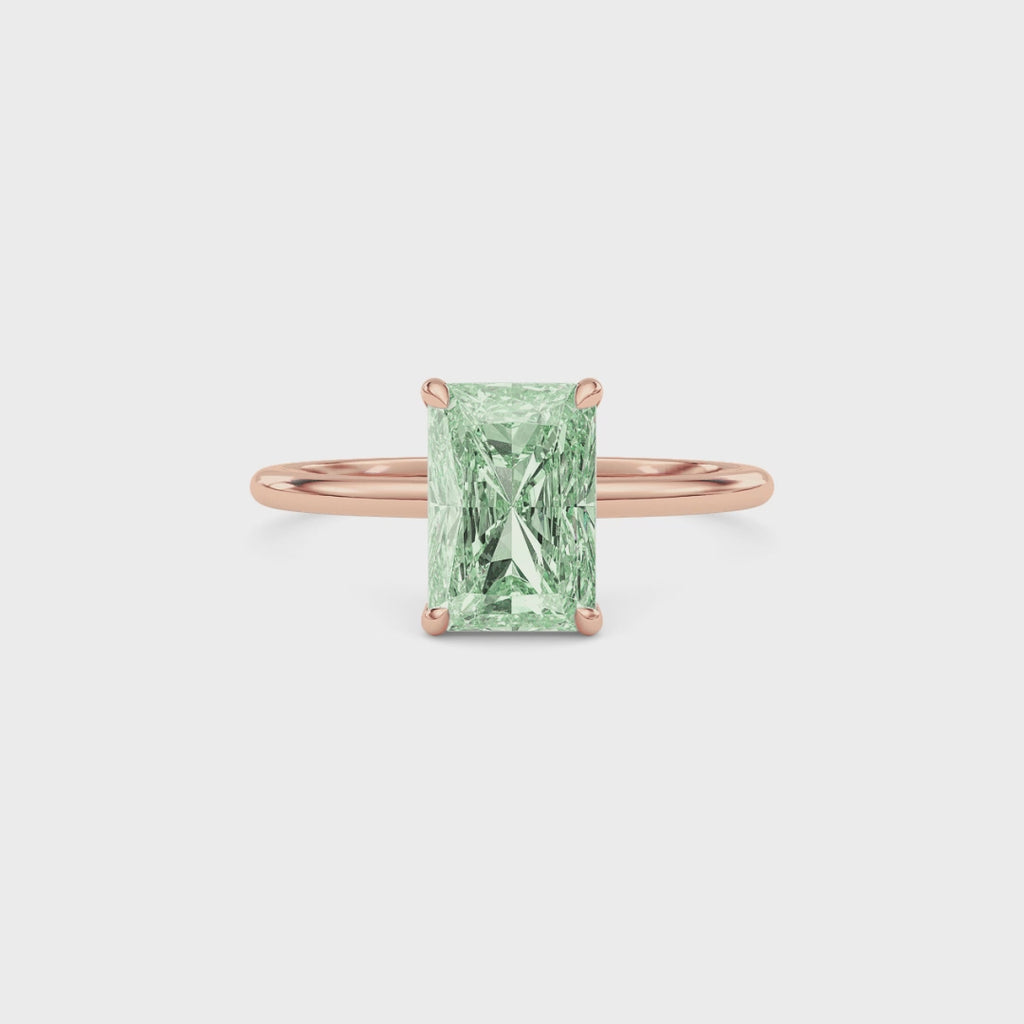 Rose gold Fancy Green Radiant Cut Diamond Hidden Halo Solitaire Engagement Ring with Prong Setting