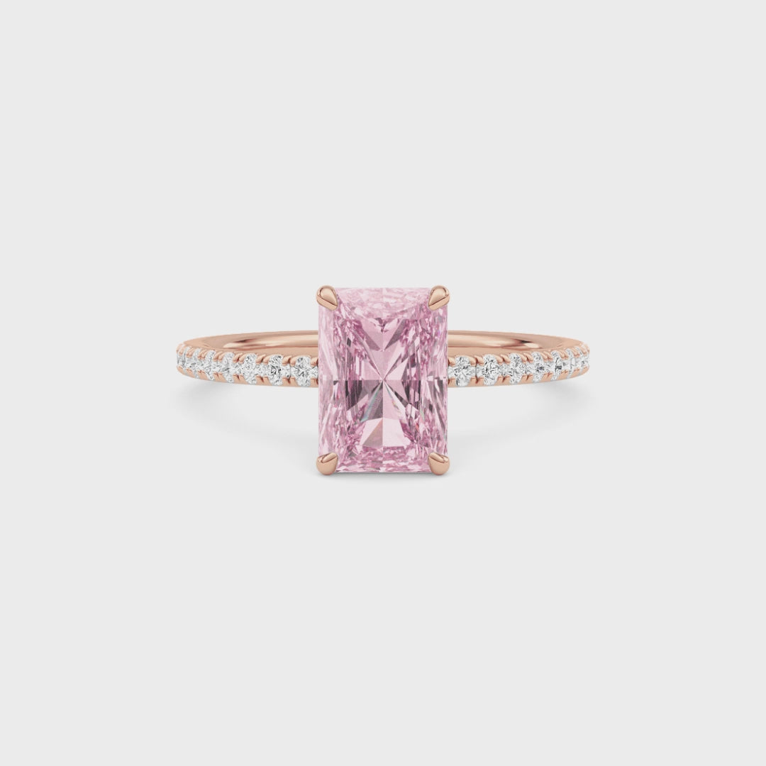 Rose gold Fancy Pink Radiant Cut Diamond Solitaire with Pavé Band