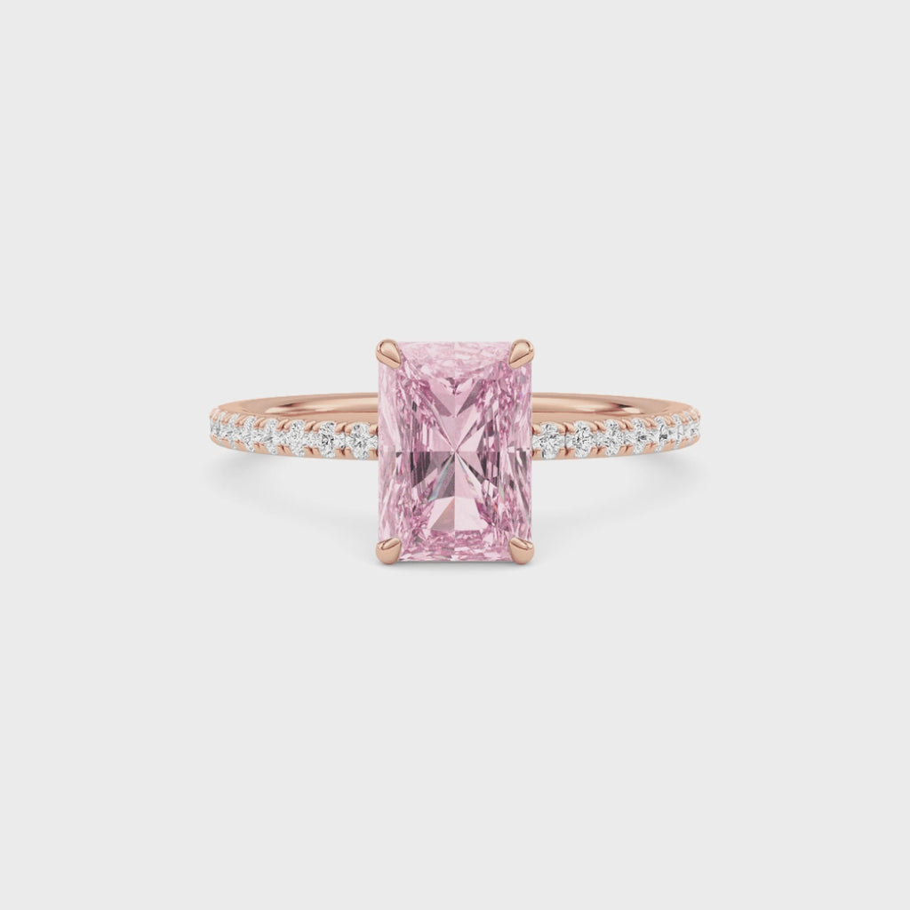 Rose gold Fancy Pink Radiant Cut Diamond Solitaire with Pavé Band
