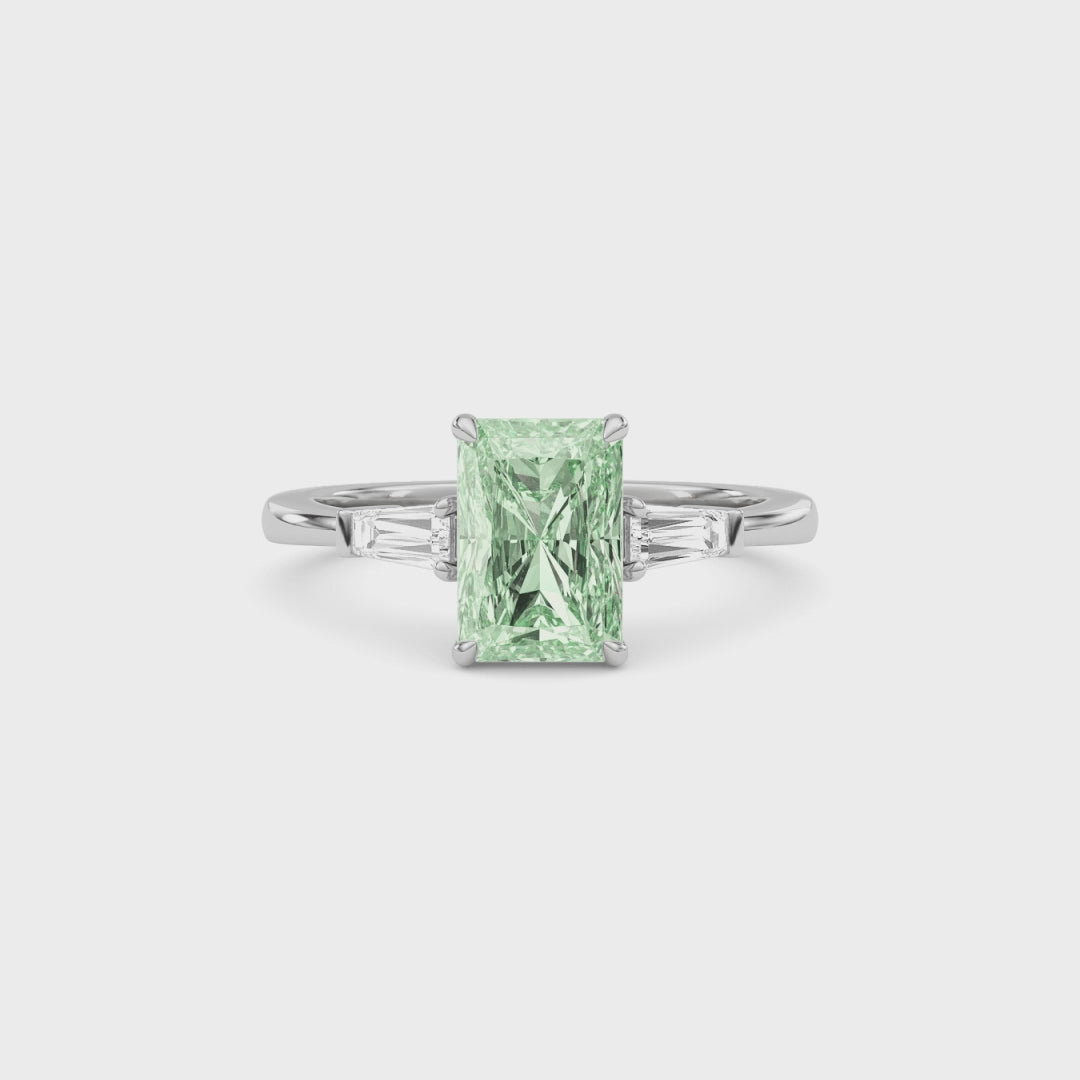 White gold Three-Stone Fancy Green Radiant Cut Diamond Ring with Tapered Baguette Side Stones