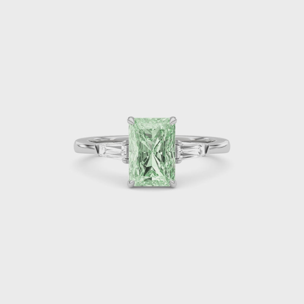 White gold Three-Stone Fancy Green Radiant Cut Diamond Ring with Tapered Baguette Side Stones