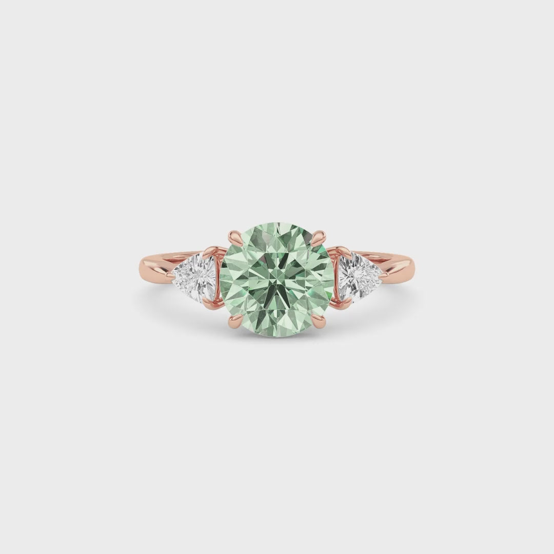 Rose gold Three-Stone Fancy Green Round Cut Diamond Ring with Trillion Side Stones