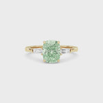 Yellow gold Three-Stone Fancy Green Cushion Cut Diamond Ring with Tapered Baguette Side Stones