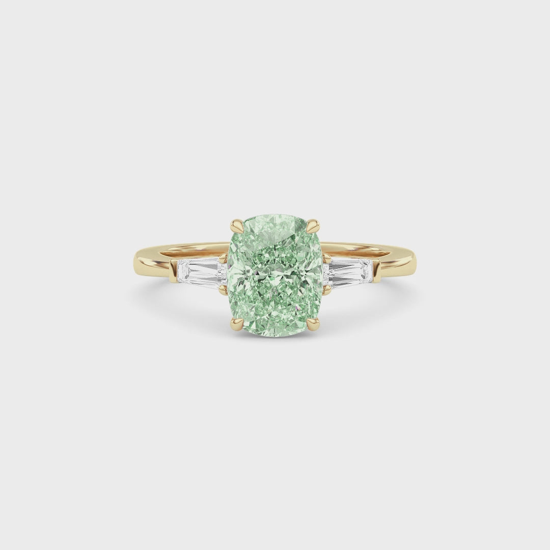 Yellow gold Three-Stone Fancy Green Cushion Cut Diamond Ring with Tapered Baguette Side Stones