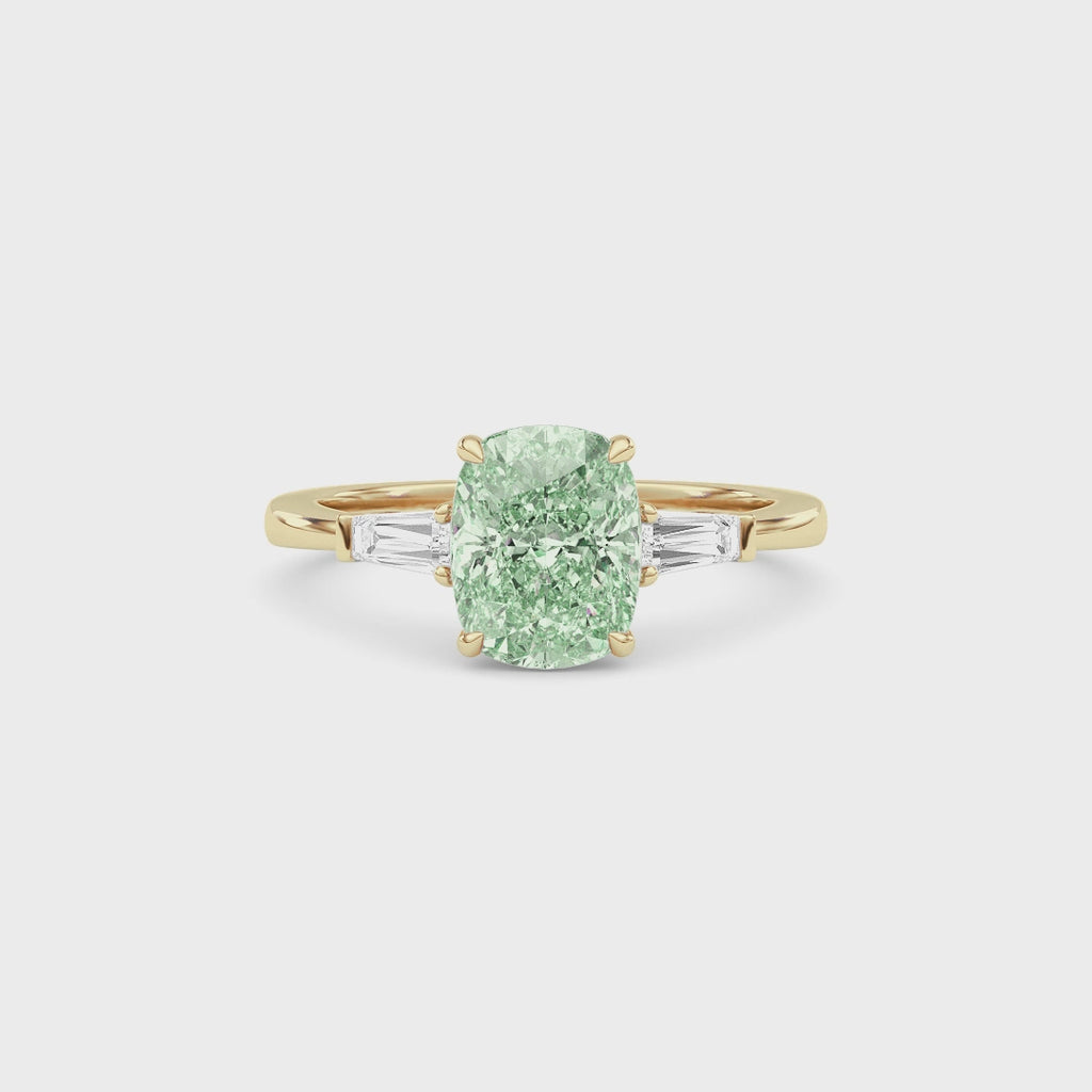Yellow gold Three-Stone Fancy Green Cushion Cut Diamond Ring with Tapered Baguette Side Stones