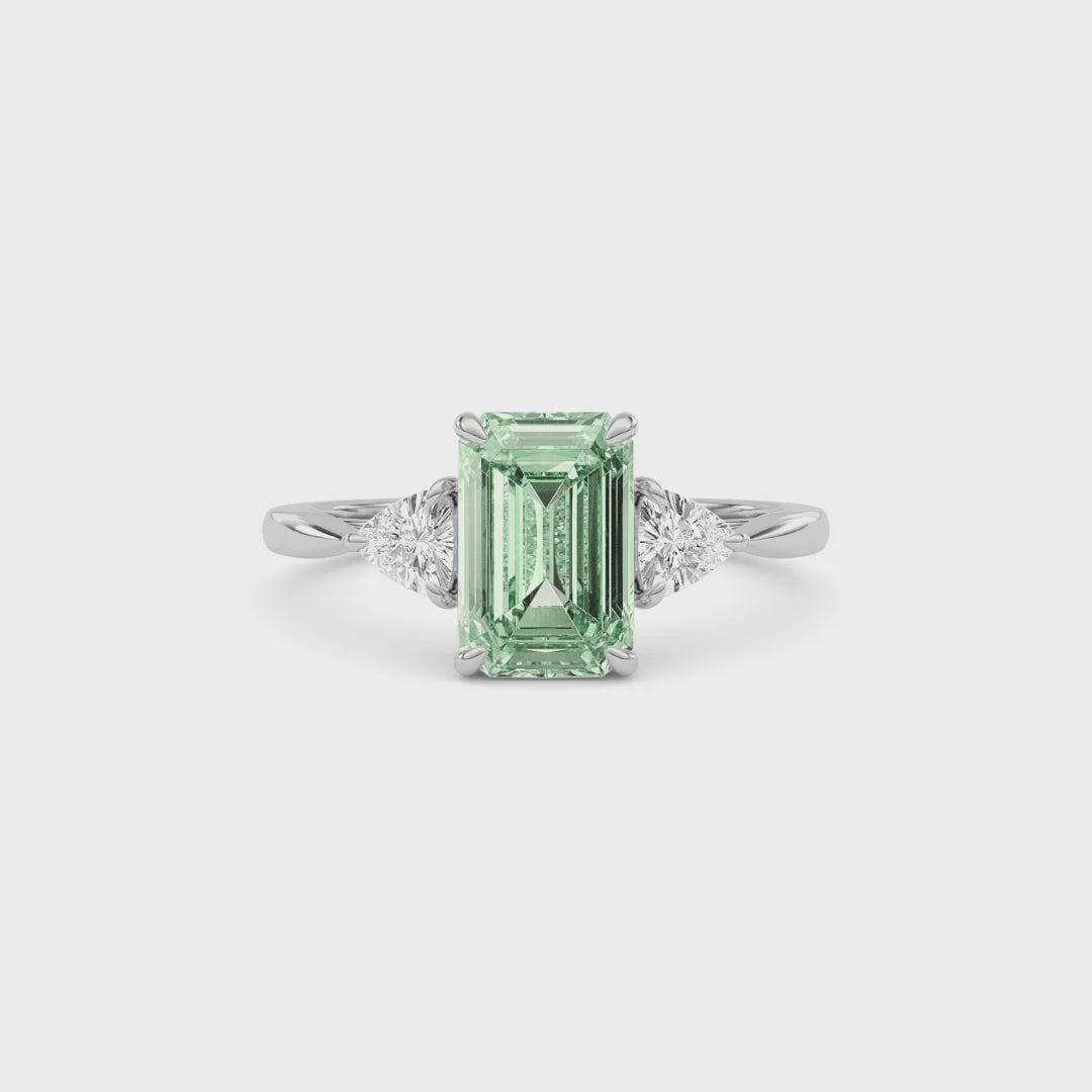 Silver Three-Stone Fancy Green Emerald Cut Diamond Ring with Trillion Side Stones