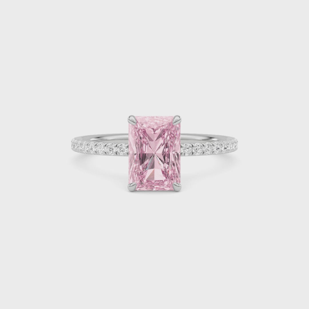 White gold Fancy Pink Radiant Cut Diamond Solitaire with Pavé Band