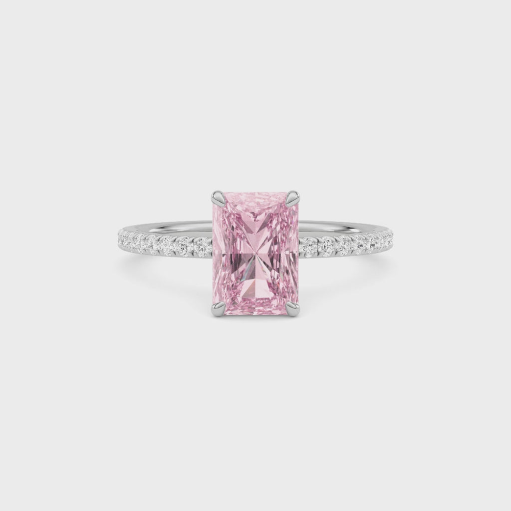 White gold Fancy Pink Radiant Cut Diamond Solitaire with Pavé Band