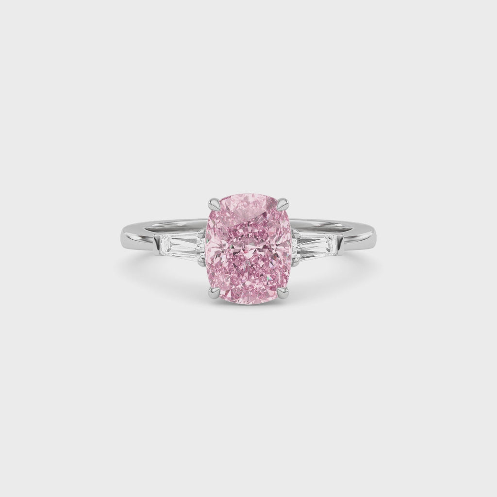 Platinum Three-Stone Fancy Pink Cushion Cut Diamond Ring with Tapered Baguette Side Stones
