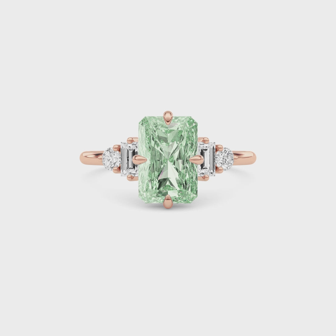 Rose gold Three-Stone Fancy Green Radiant Cut Diamond Ring with Heart Side Stones