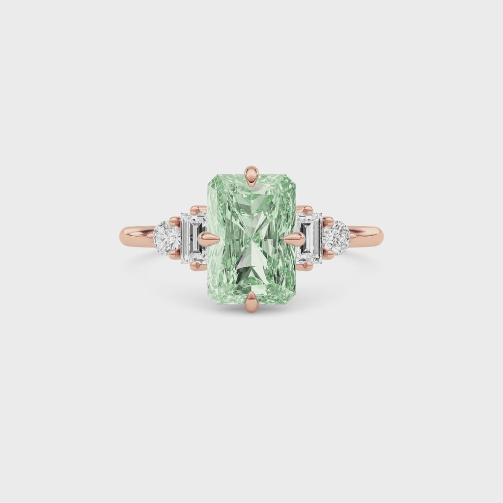 Rose gold Three-Stone Fancy Green Radiant Cut Diamond Ring with Heart Side Stones