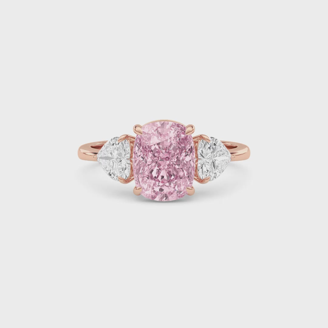 Rose gold Three-Stone Fancy Pink Cushion Cut Diamond Ring with Heart Side Stones