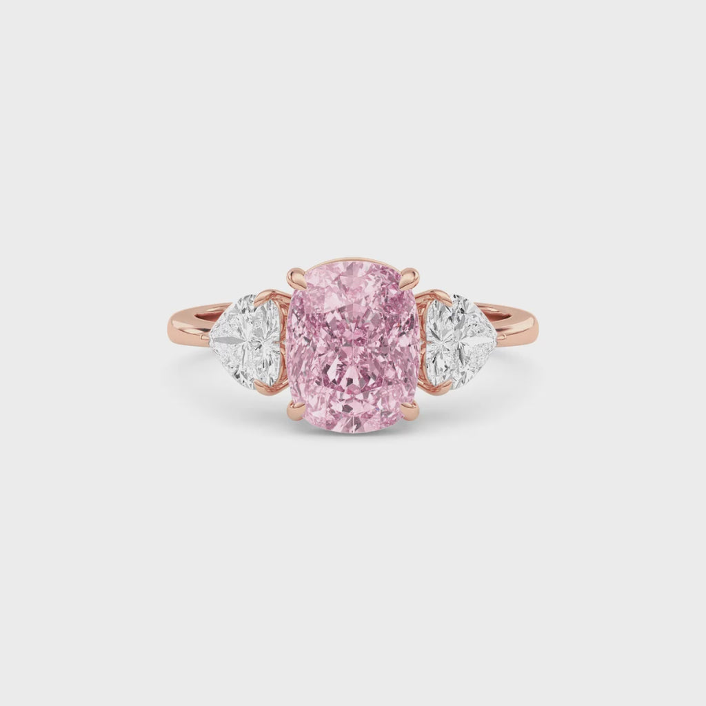 Rose gold Three-Stone Fancy Pink Cushion Cut Diamond Ring with Heart Side Stones