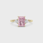 Yellow gold Three-Stone Fancy Pink Radiant Cut Diamond Ring with Trillion Side Stones