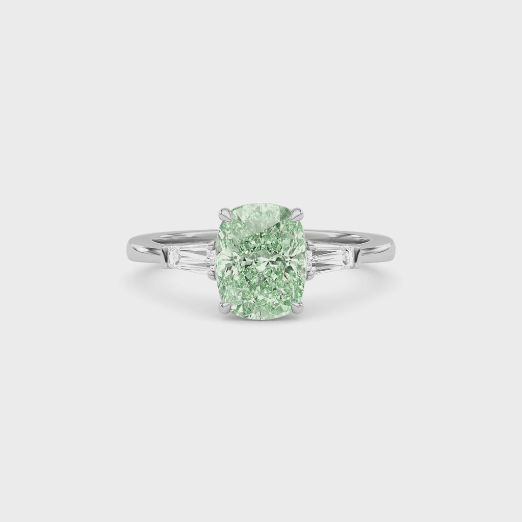 Platinum Three-Stone Fancy Green Cushion Cut Diamond Ring with Tapered Baguette Side Stones