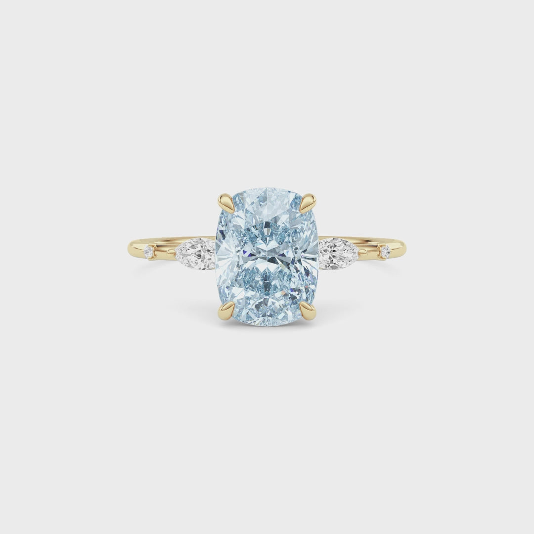 Yellow gold Fancy Blue Cushion Cut Diamond Marquise Side Stone Engagement Ring