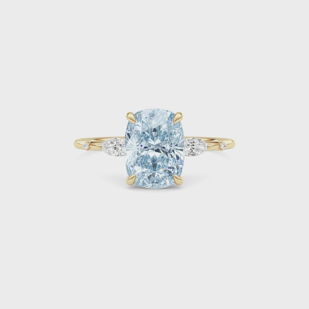Yellow gold Fancy Blue Cushion Cut Diamond Marquise Side Stone Engagement Ring