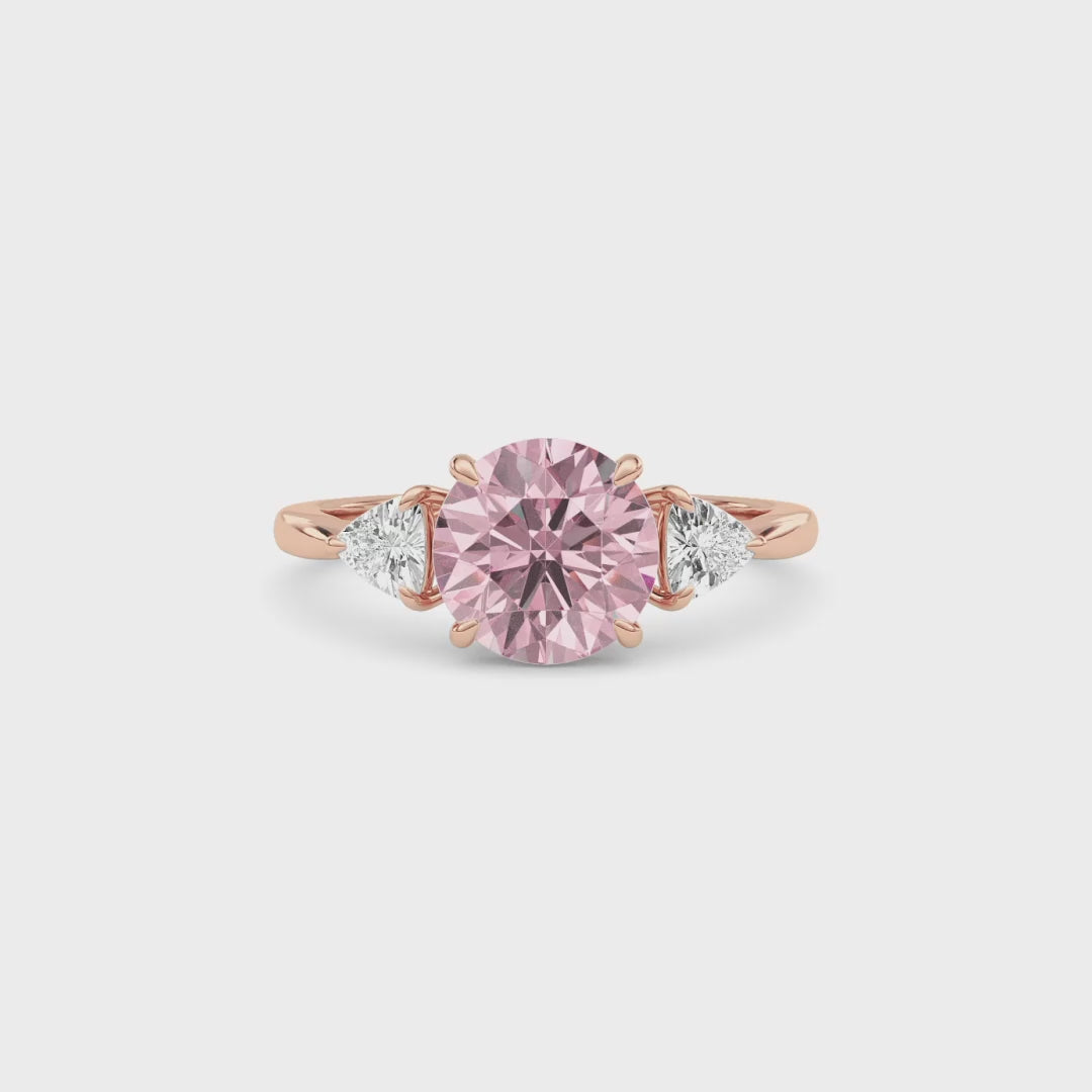Rose gold Three-Stone Fancy Pink Round Cut Diamond Ring with Trillion Side Stones