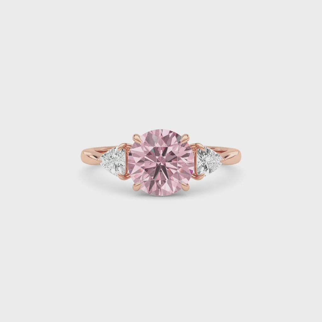 Rose gold Three-Stone Fancy Pink Round Cut Diamond Ring with Trillion Side Stones