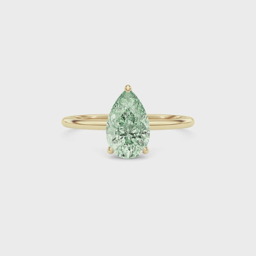 Yellow gold Fancy Green Pear Cut Diamond Hidden Halo Solitaire Engagement Ring with Prong Setting