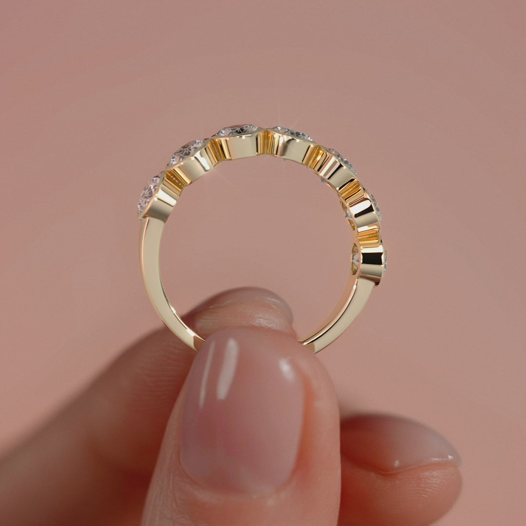Yellow gold Oval Cut Diamond Half Eternity Band with Bezel Setting