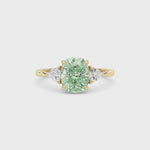 Yellow gold Three-Stone Fancy Green Cushion Cut Diamond Ring with Trillion Side Stones