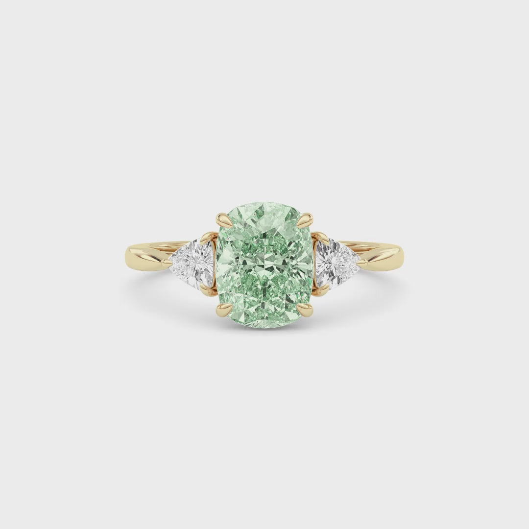 Yellow gold Three-Stone Fancy Green Cushion Cut Diamond Ring with Trillion Side Stones
