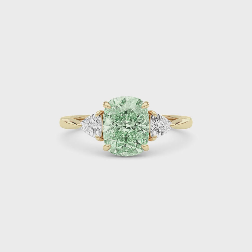 Yellow gold Three-Stone Fancy Green Cushion Cut Diamond Ring with Trillion Side Stones