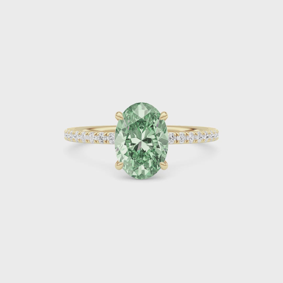 Yellow gold Fancy Green Oval Cut Diamond Solitaire with Pavé Band