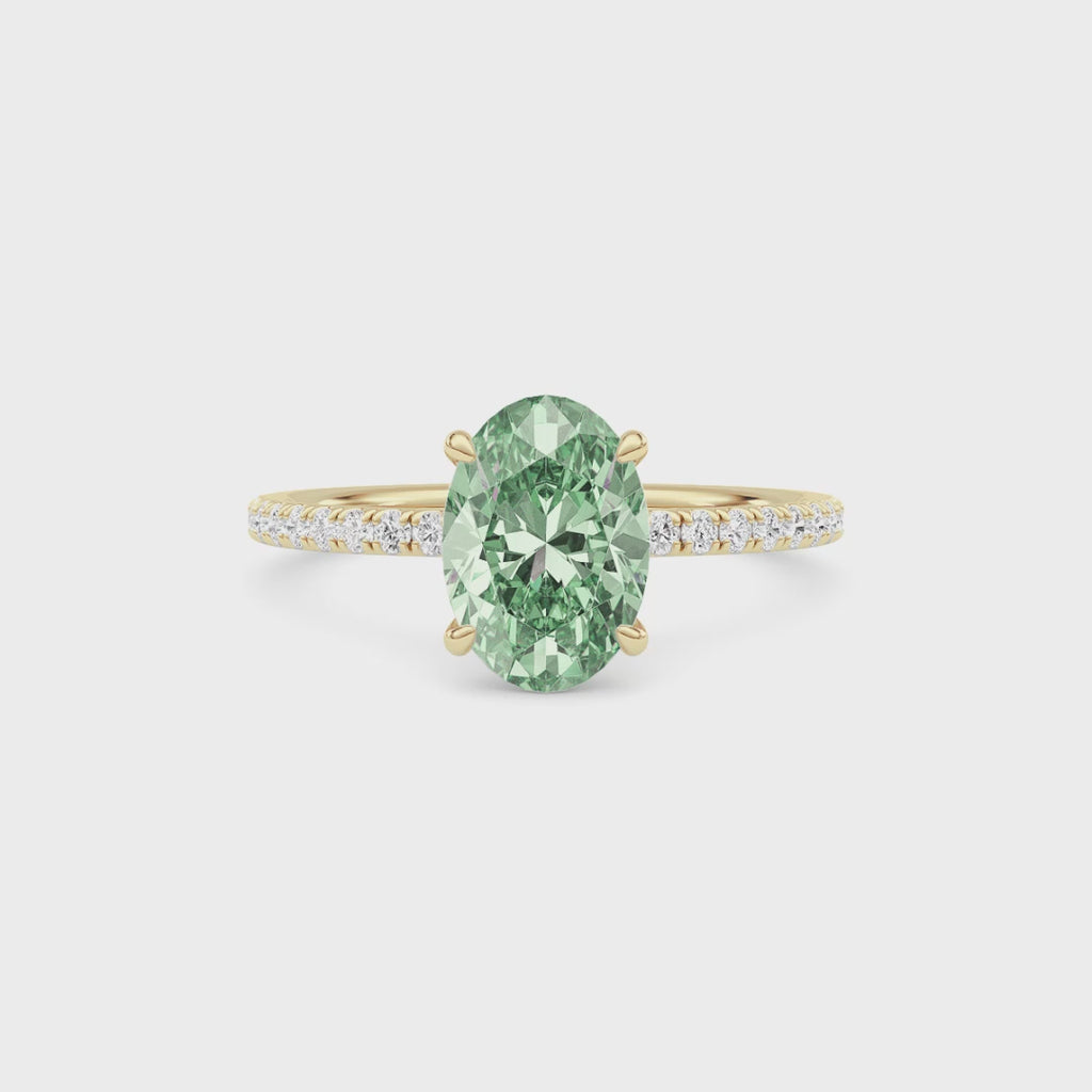 Yellow gold Fancy Green Oval Cut Diamond Solitaire with Pavé Band