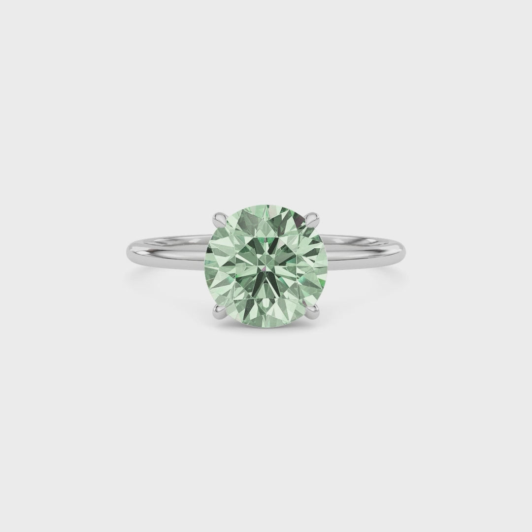 Platinum Fancy Green Round Cut Diamond Hidden Halo Solitaire Engagement Ring with Prong Setting