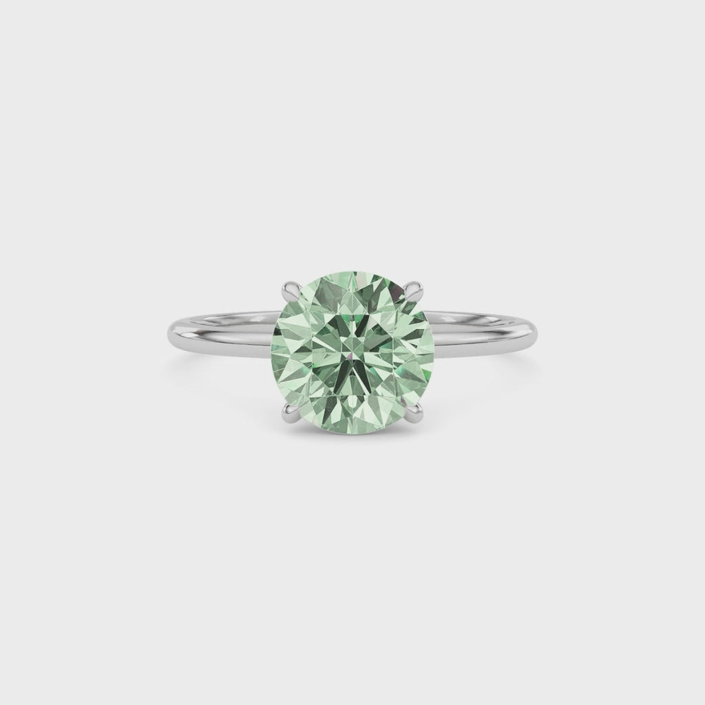 Platinum Fancy Green Round Cut Diamond Hidden Halo Solitaire Engagement Ring with Prong Setting
